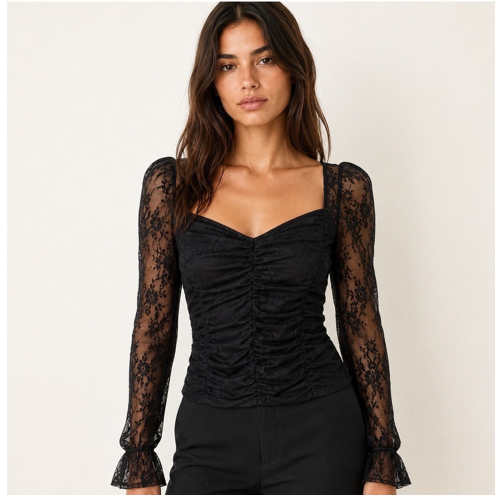 Oak & Trellis Ruched Lace Top Womens Size L Black Y2K Coquette Whimsigoth Gothic